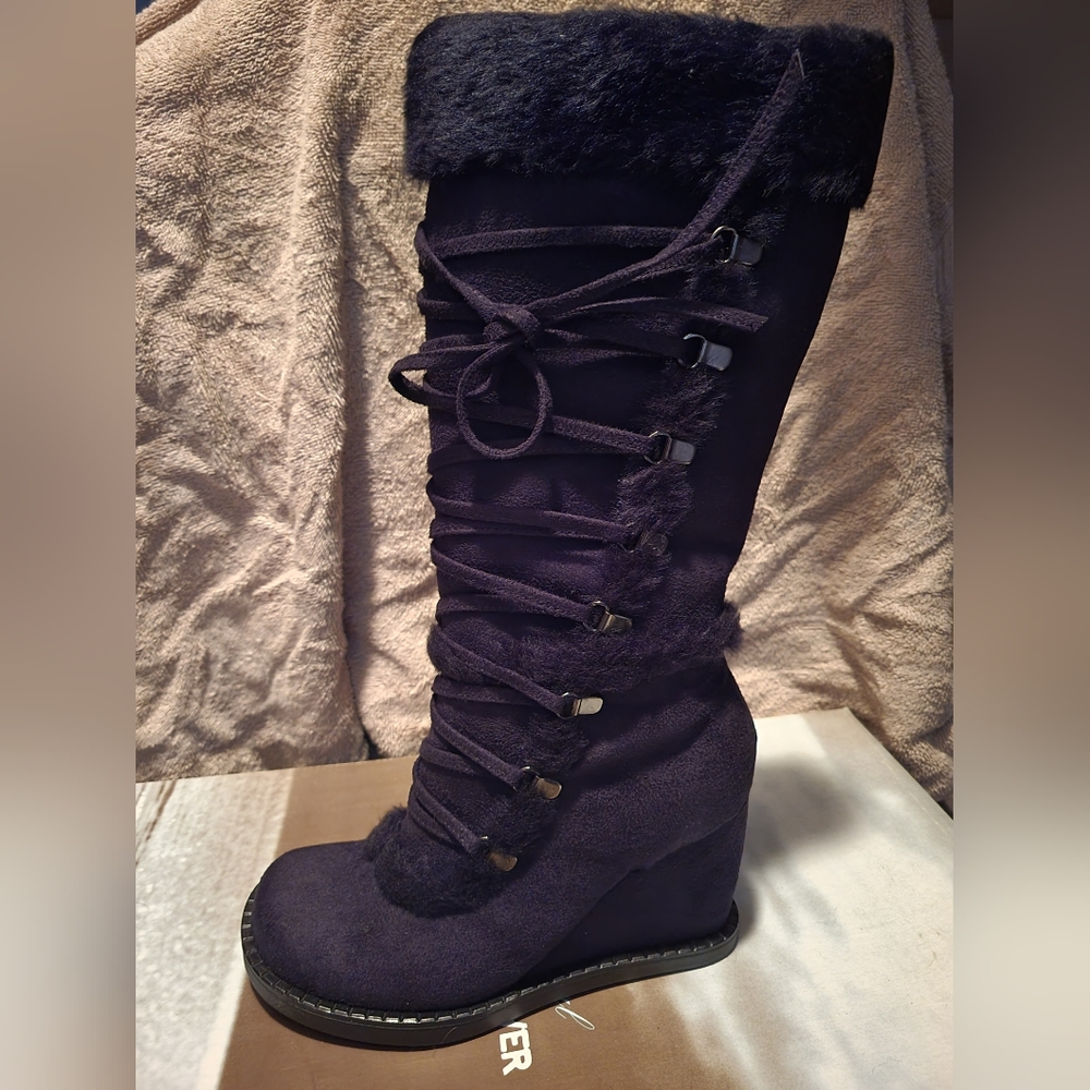 Mid calf black suede boots